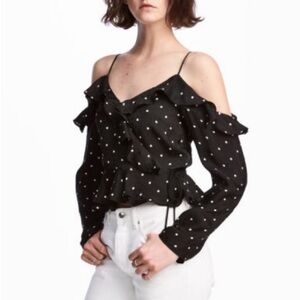 H&M Polka Dot Off The Shoulder Long Sleeve Top. Black & White. Size 12